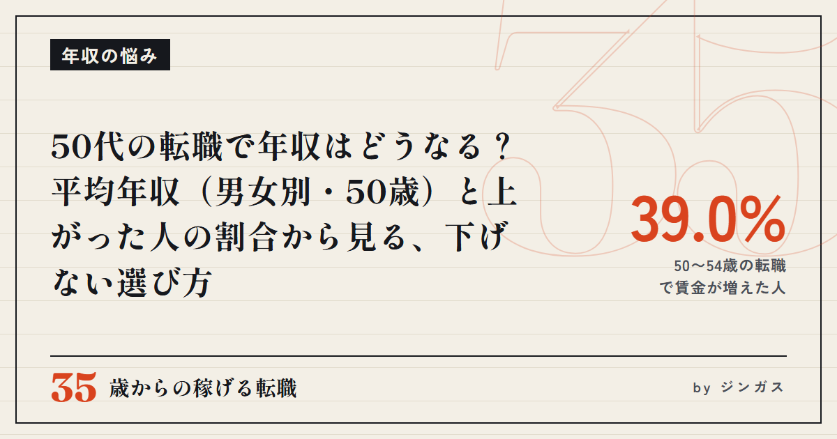 50代の転職で年収はどうなる？平均年収（男女別・50歳）と上がった人の割合から見る、下げない選び方